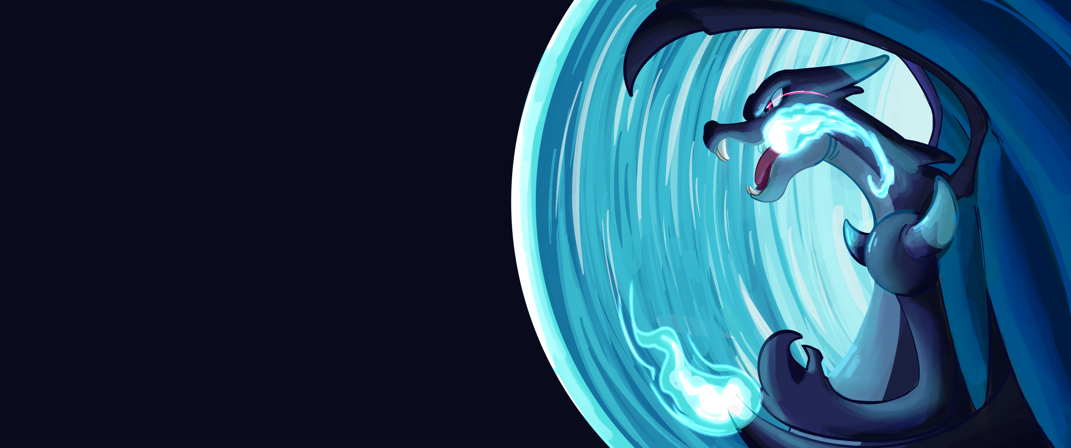 Blue Charizard artwork on a dark background